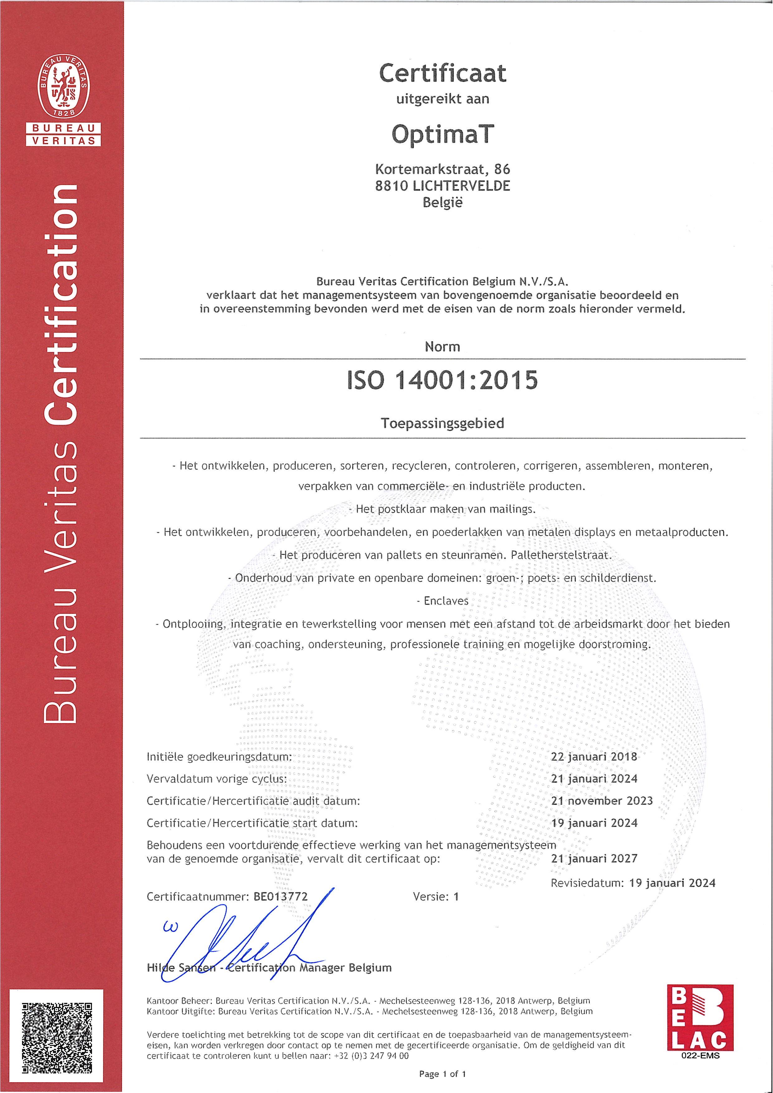 Certificaat ISO14001 2015